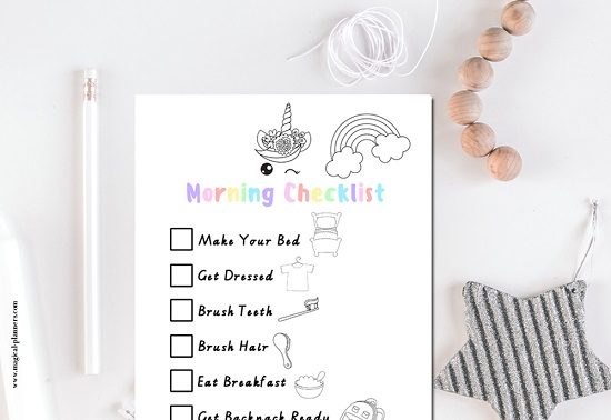 unicorn kids planner checklist bedtime and morning routine