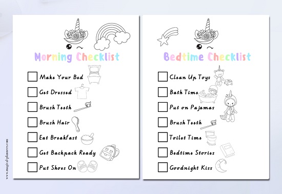 unicorn girl planner checklist bedtime and morning