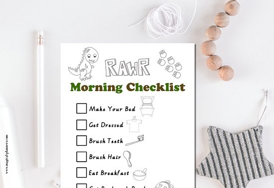 dinosaur coloring kids planner checklist bedtime and morning