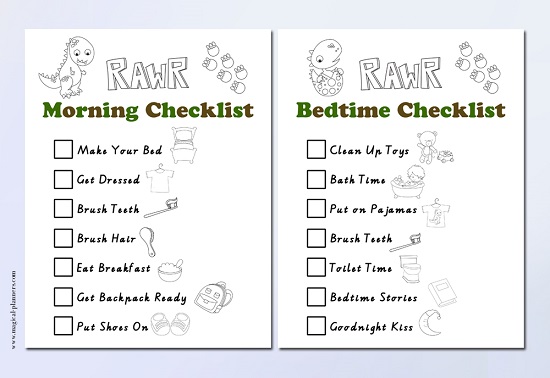 dinosaur coloring kids planner checklist bedtime and morning routine